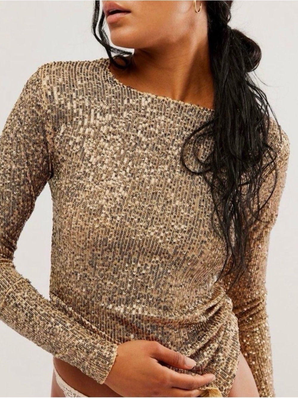 Free People Gold Rush Sequin Long Sleeve Top Gold Bodycon Small